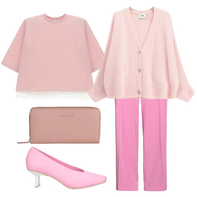 Outfit donna - Soffusa di rosa. Stile Chic per Tutti i giorni. Abbinamento con décolleté, pantaloni, portafogli, t-shirt, cardigans.