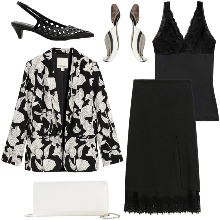 Outfit donna - Cerimonia. Stile Chic per Cerimonia. Abbinamento con top, pochette, décolleté, blazer, orecchini, gonne longuette.