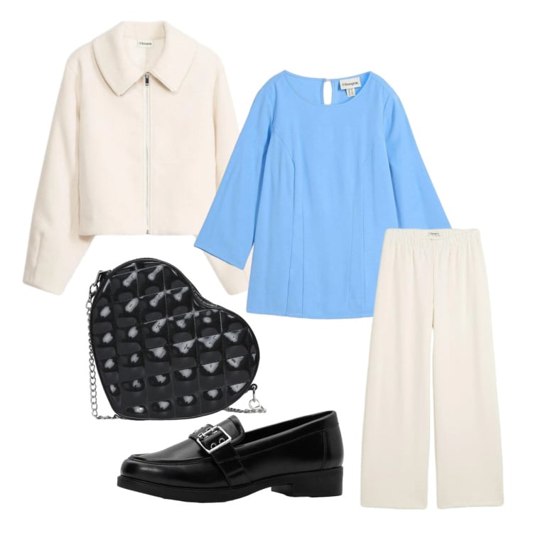Outfit donna - Di cielo e d\'azzurro. Stile Casual chic per Ufficio. look ideale per Petite. Abbinamento con pantaloni, bluse, blazer, mocassini, borse a tracolla.