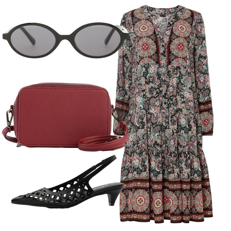 Outfit donna - Total look #2368623. Stile Etnico per Tutti i giorni. Abbinamento con vestiti, décolleté, borse a tracolla, occhiali da sole.