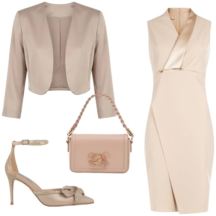 Outfit donna - L\'abito da cerimonia. Stile Glamour per Cerimonia. Abbinamento con décolleté, vestiti asimmetrici, pochette, bolero.