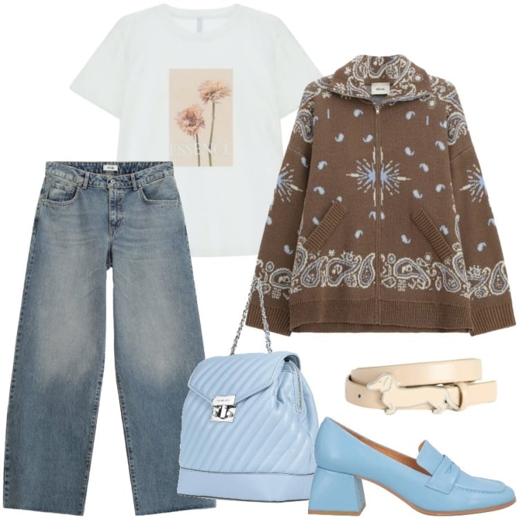 Outfit donna - Fine settimana. Stile Casual chic per Tutti i giorni. Abbinamento con mocassini, zaini, cinture, t-shirt, jeans, cardigans.