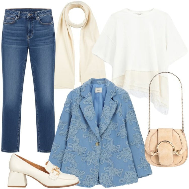 Outfit donna - Cerimonia informale. Stile Chic per Cerimonia. Abbinamento con marsupi, mocassini, sciarpe, jeans, blazer, t-shirt.