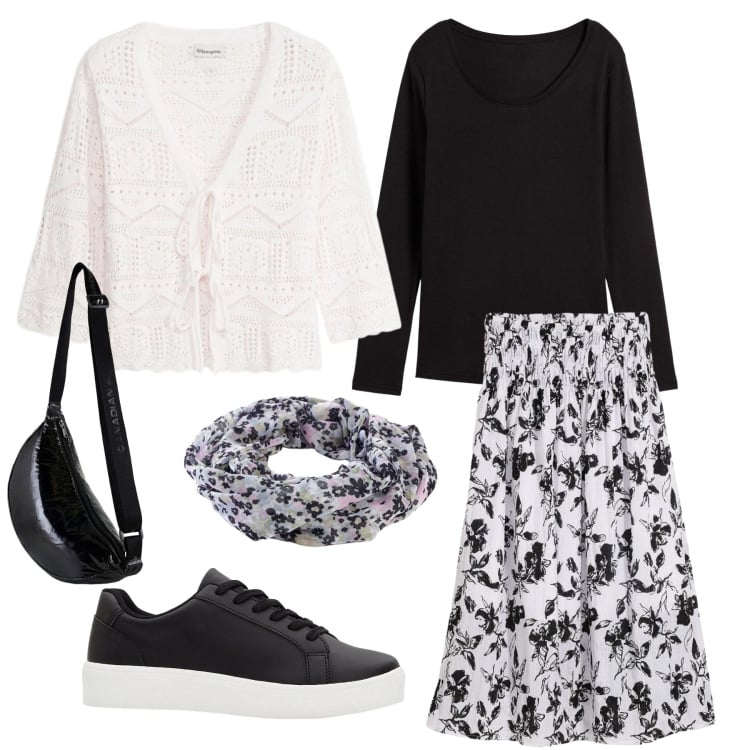 Outfit donna - Tempo libero. Stile Basic per Tutti i giorni. Abbinamento con gonne longuette, foulard, cardigans, sneakers, maglieria, borse a tracolla.