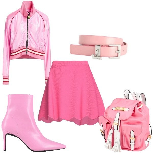Outfit donna - marzo in rosa. Stile Sporty chic per Tutti i giorni. Abbinamento con zaini, stivaletti, minigonne, felpe, cinture.