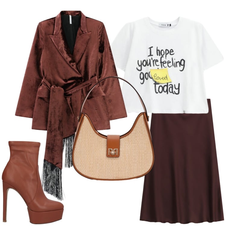 Outfit donna - Urban, primavera 2026. Stile Urban per Serata fuori. Abbinamento con stivaletti, t-shirt, borse a spalla, blazer, gonne lunghe.