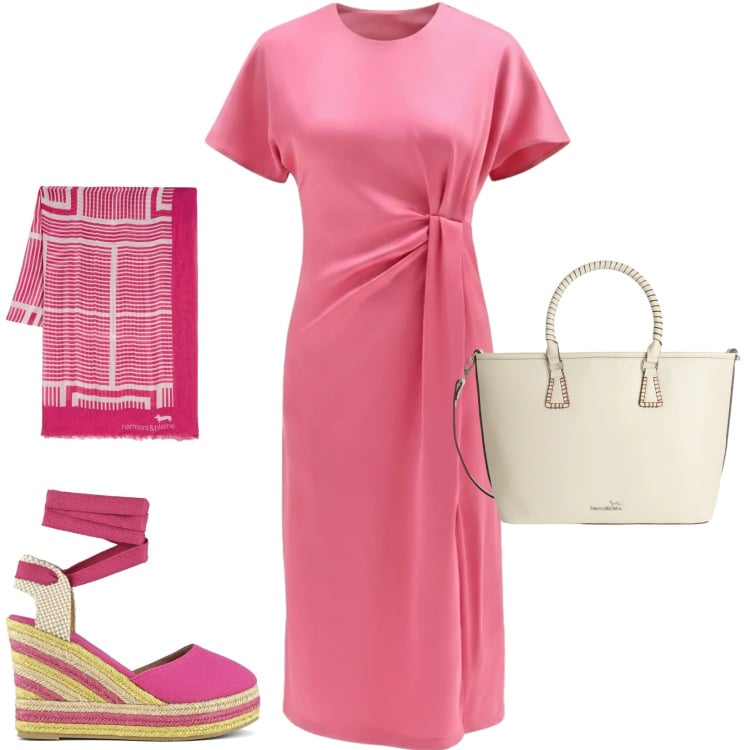 Outfit donna - Pink voilà. Stile Romantica per Cerimonia. Abbinamento con shopping bag, sciarpe, vestiti midi/longuette, espadrillas.