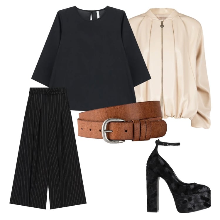 Outfit donna - Cena di lavoro. Stile Chic per Serata fuori. Abbinamento con décolleté, cinture, bomber, top, pantaloni.