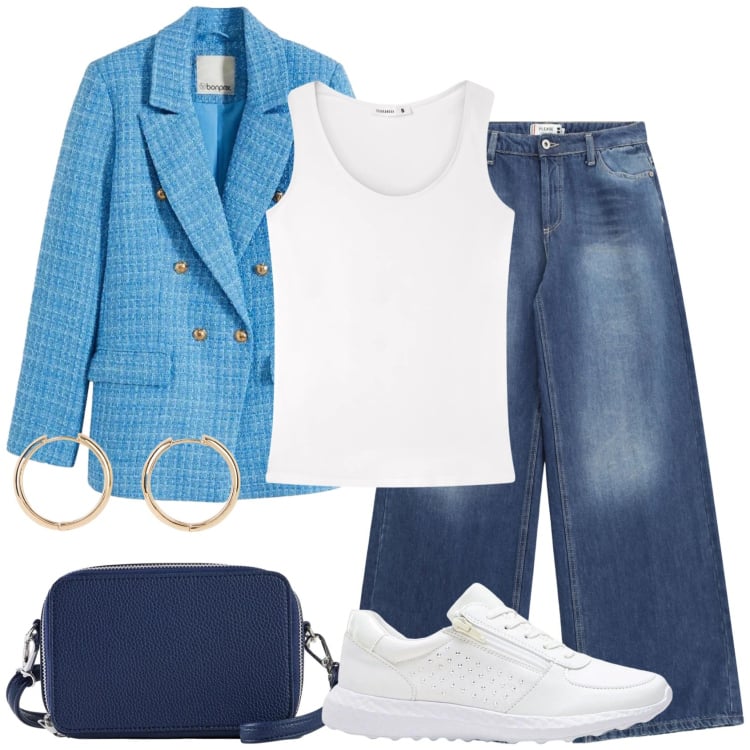 Outfit donna - Weekend di primavera. Stile Casual chic per Tutti i giorni. Abbinamento con blazer, sneakers, orecchini, borse a tracolla, top, jeans.