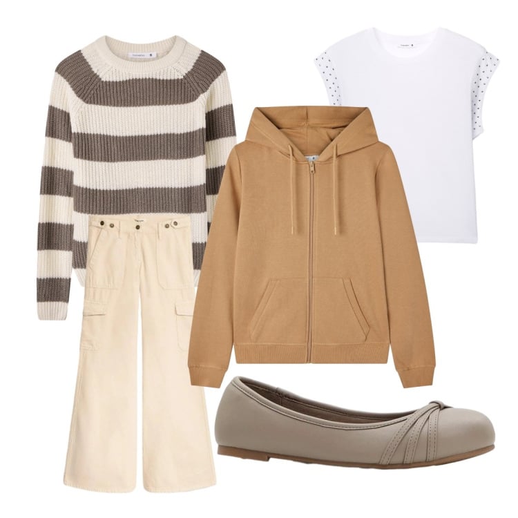 Outfit donna - La Felpa giubbino per la mezza stagione. Stile Basic per Tutti i giorni. Abbinamento con pantaloni cargo, ballerine, felpe con cappuccio, maglieria, t-shirt.