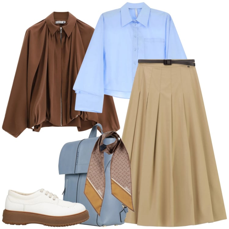 Outfit donna - Casual al lavoro. Stile Casual per Ufficio. Abbinamento con sciarpe, scarpe stringate, zaini, bomber, camicie, gonne lunghe.