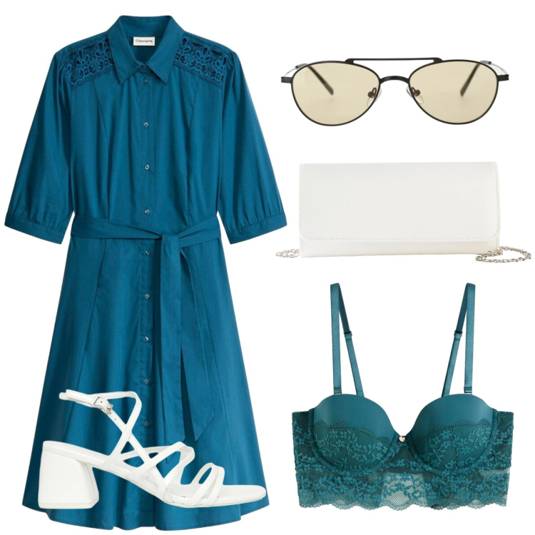 Outfit donna - \'60 - \'80 style. Stile Vintage retrò per Cerimonia. Abbinamento con pochette, reggiseni a balconcino, vestiti chemisier, occhiali da sole, sandali col tacco.