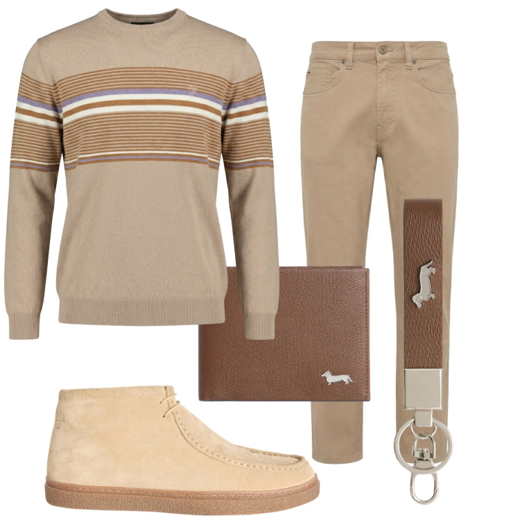 Outfit uomo - Terra. Stile Trendy per Tutti i giorni. Abbinamento con portachiavi, portafogli, maglieria, stivali e stivaletti, pantaloni.