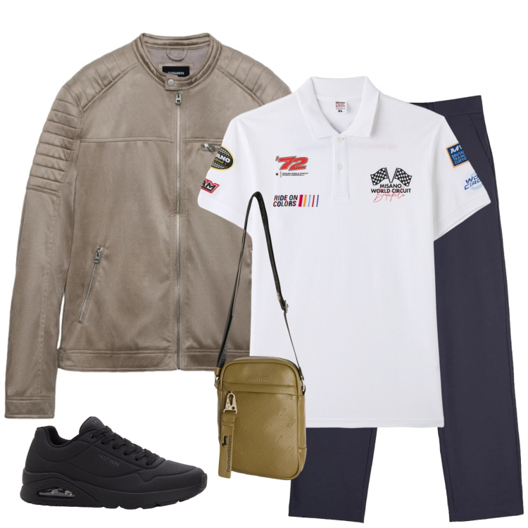 Outfit uomo - Urban Rider. Stile Casual per Tutti i giorni. Abbinamento con sneakers, borse sportive, pantaloni chino, giacche, polo.