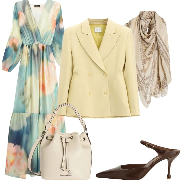 Outfit donna - Abiti che si muovono con te. Stile Casual chic per Cerimonia. Abbinamento con sciarpe, borse a secchiello, vestiti lunghi, décolleté, blazer.