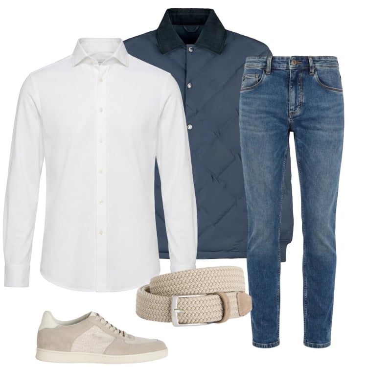 Outfit uomo - Eleganza Quotidiana e Texture. Stile Casual per Tutti i giorni. Abbinamento con cinture, jeans slim fit, sneakers, camicie, giacche.