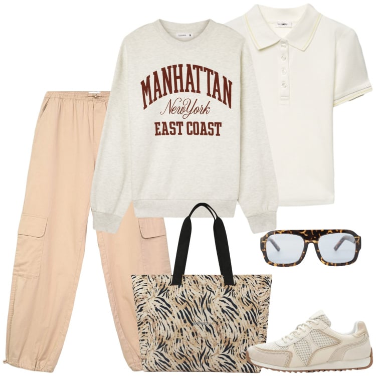 Outfit donna - Un weekend in chiaro. Stile Basic per Tutti i giorni. Abbinamento con sneakers alte, pantaloni cargo, felpe, polo, occhiali da sole, shopping bag.