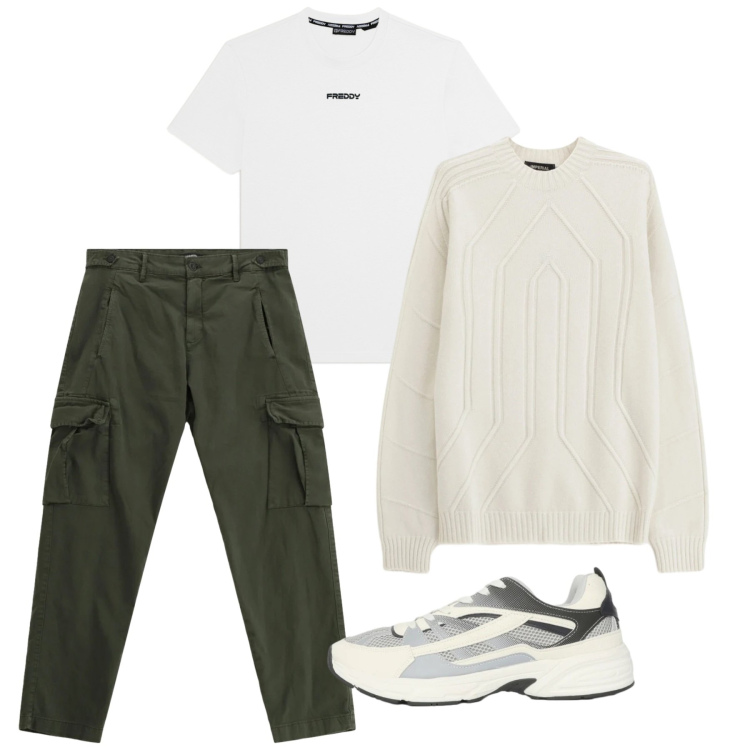Outfit uomo - Casual mood. Stile Casual per Tutti i giorni. Abbinamento con sneakers, pullovers, pantaloni cargo, t-shirt.