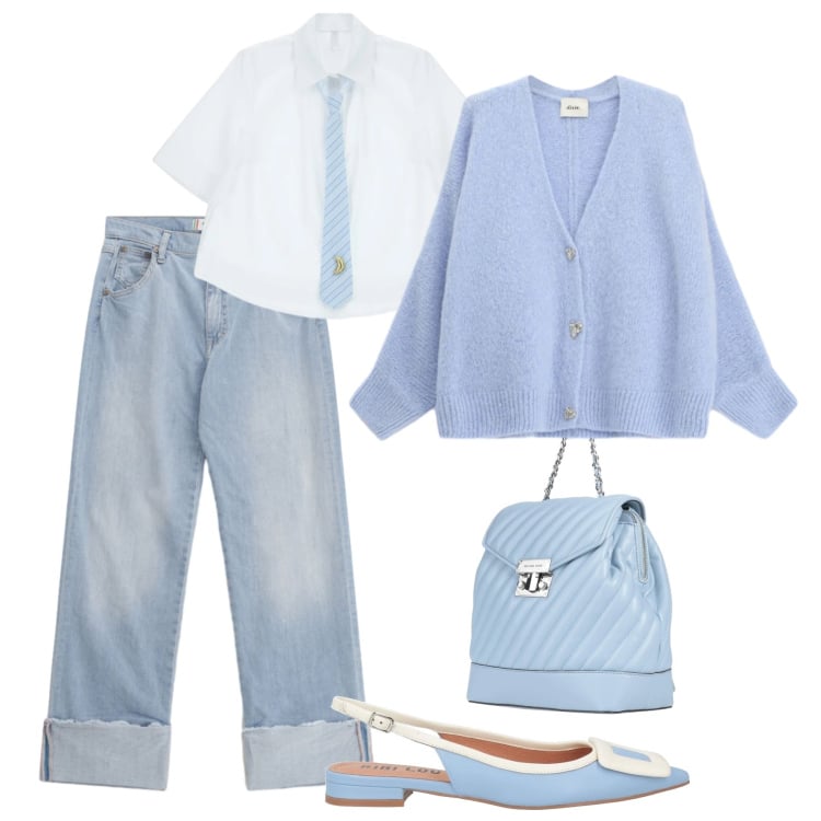 Outfit donna - Ballerine e jeans. Stile Trendy per Tutti i giorni. Abbinamento con zaini, ballerine, jeans dritti, camicie a manica corta, cardigans.