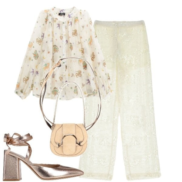 Outfit donna - Stile romantico primaverile. Stile Romantica per Tutti i giorni. Abbinamento con marsupi, décolleté, pantaloni a palazzo, camicie.