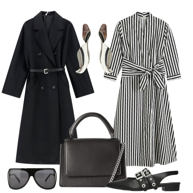 Outfit donna - Stripes e ballerine. Stile Chic per Tutti i giorni. Abbinamento con vestiti midi/longuette, borse a tracolla, ballerine, cappotti, occhiali da sole, orecchini.