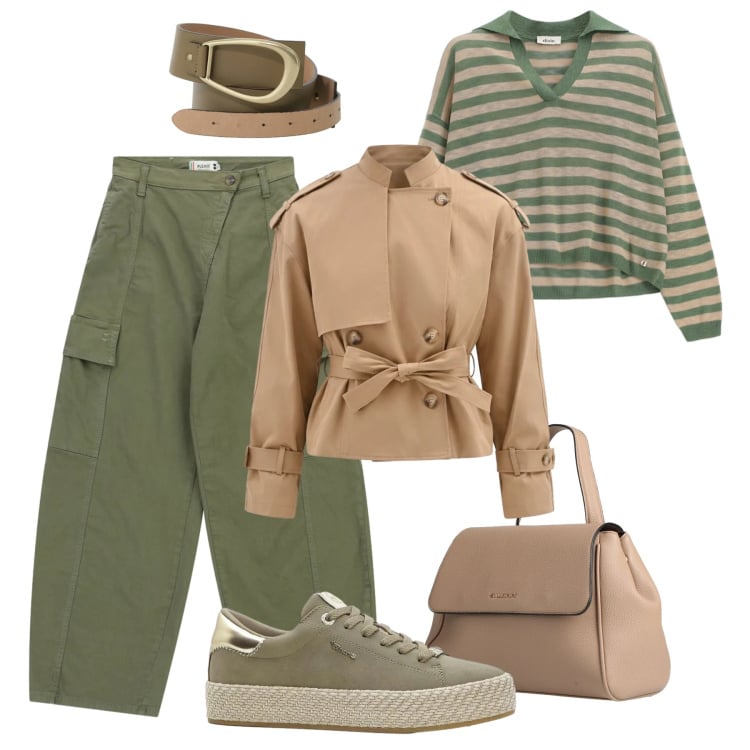 Outfit donna - Passeggiata in libertà. Stile Casual per Tutti i giorni. Abbinamento con zaini, sneakers, pantaloni cargo, caban, maglieria, cinture.