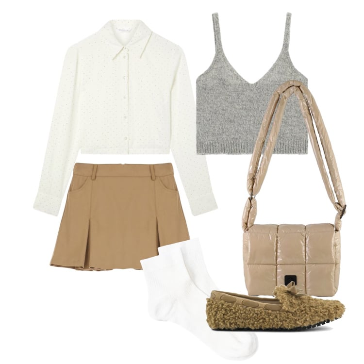 Outfit donna - Marzo. Stile Trendy per Tutti i giorni. Abbinamento con minigonne, top, borse a spalla, calzini, camicie, mocassini.