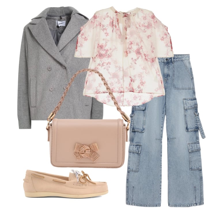 Outfit donna - Marzo. Stile Casual chic per Tutti i giorni. Abbinamento con caban, jeans, pochette, bluse, mocassini.