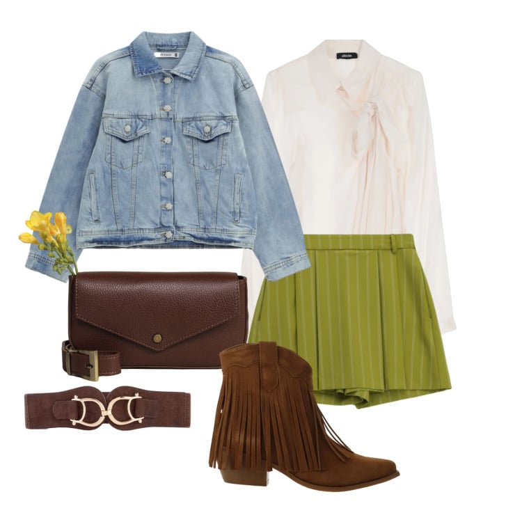 Outfit donna - Marzo. Stile Trendy per Tutti i giorni. Abbinamento con cinture, blazer, stivaletti texani, shorts, camicie, borse a tracolla.