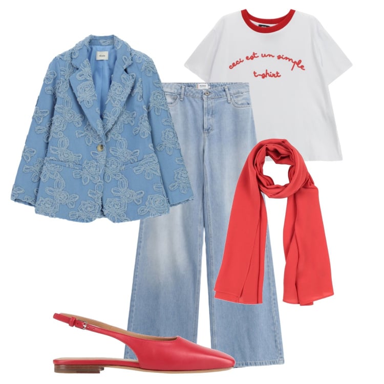 Outfit donna - Giacca denim floreale. Stile Urban per Tutti i giorni. Abbinamento con ballerine, sciarpe, jeans, blazer, t-shirt.