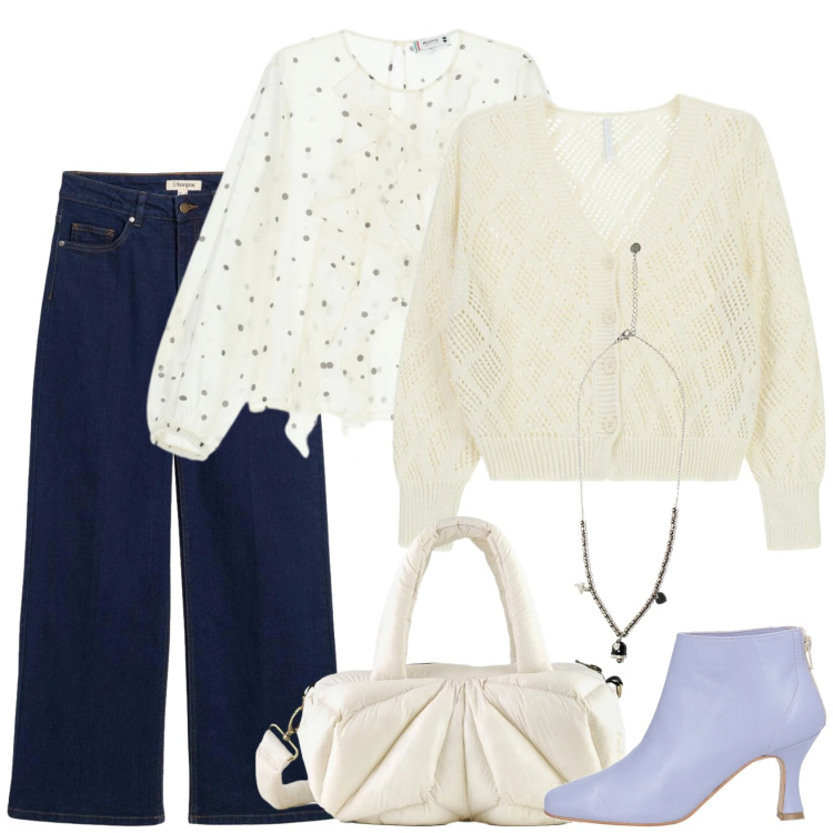 Outfit donna - Jeans e blusa romantica. Stile Romantica per Scuola/Università. Abbinamento con stivaletti, jeans dritti, cardigans, bluse, ciondoli, borse a mano.