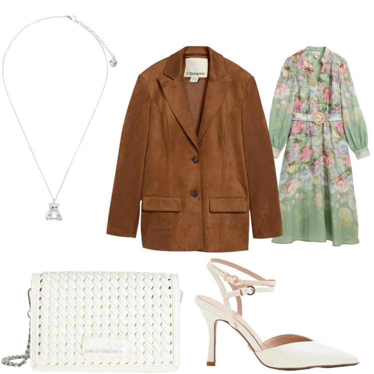 Outfit donna - Sbocciando. Stile Bon Ton per Cerimonia. look ideale per Tall. Abbinamento con blazer, vestiti midi/longuette, borse a tracolla, ciondoli, décolleté.