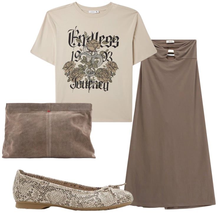 Outfit donna - Total look #2368733. Stile Basic per Tutti i giorni. Abbinamento con ballerine, t-shirt, gonne lunghe, pochette.