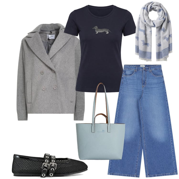 Outfit donna - Total look #2368735. Stile Casual per Tutti i giorni. Abbinamento con caban, t-shirt, shopping bag, sciarpe, jeans, ballerine.