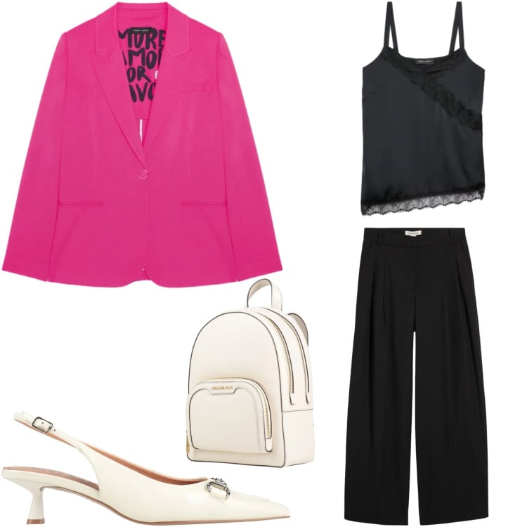 Outfit donna - Tempo libero. Stile Urban per Tutti i giorni. Abbinamento con zaini, décolleté, pantaloni, canottiere, blazer.