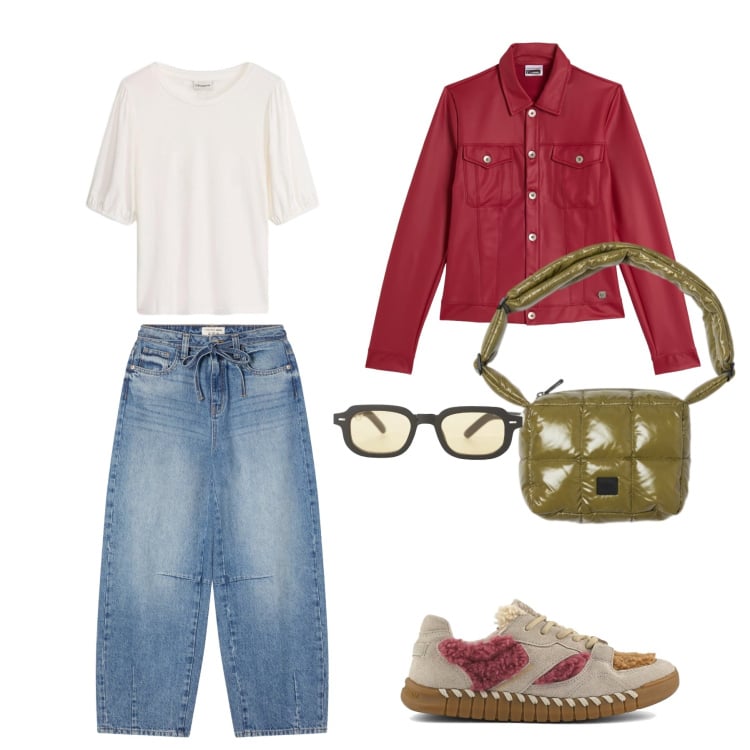 Outfit donna - Qualsiasi passeggiata. Stile Casual per Tutti i giorni. Abbinamento con bluse, jeans, occhiali da sole, borse a spalla, giacche, sneakers.