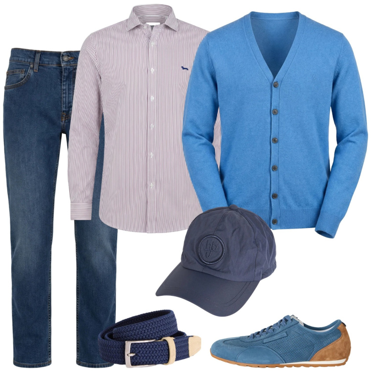 Outfit uomo - Discrezione sportivo. Stile Trendy per Tutti i giorni. Abbinamento con sneakers, jeans, cinture, cardigans, camicie, cappelli.