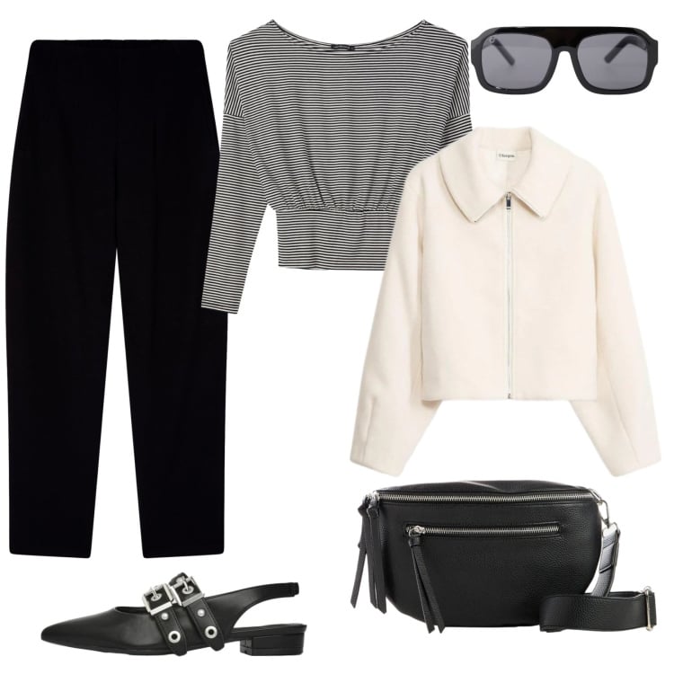 Outfit donna - Stile rock con le ballerine. Stile Rock per Tutti i giorni. Abbinamento con marsupi, blazer, pantaloni chino, ballerine, t-shirt, occhiali da sole.