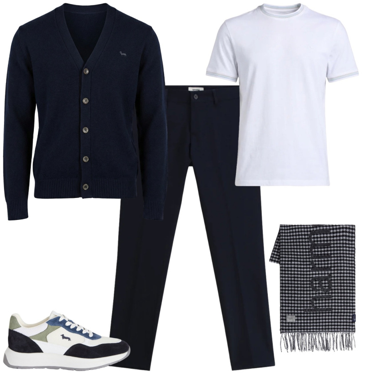 Outfit uomo - Trendy ufficio tempo libero. Stile Trendy per Tutti i giorni. Abbinamento con sneakers, t-shirt, sciarpe, cardigans, pantaloni.