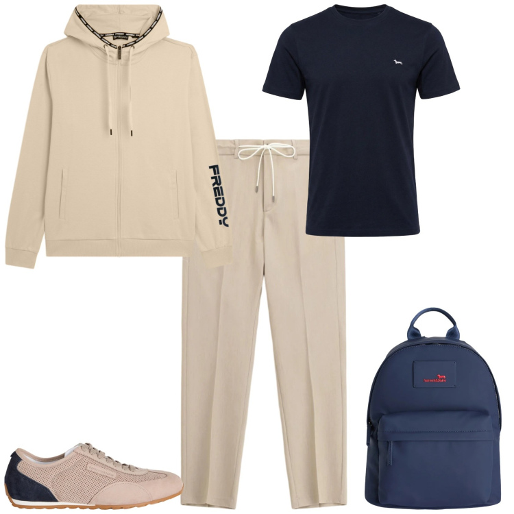 Outfit uomo - Trendy ufficio tempo libero. Stile Trendy per Tutti i giorni. Abbinamento con sneakers, borse sportive, t-shirt, pantaloni, felpe con cappuccio.