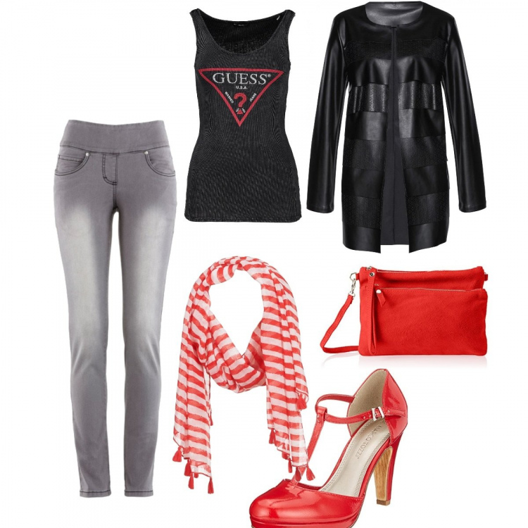Outfit donna - Trendy love. Stile Trendy per Tutti i giorni. Abbinamento con jeans slim fit, blazer con balze in pelle sintetica nero, sciarpa rosso, scarpe rosso, top, shopping bag rosso.