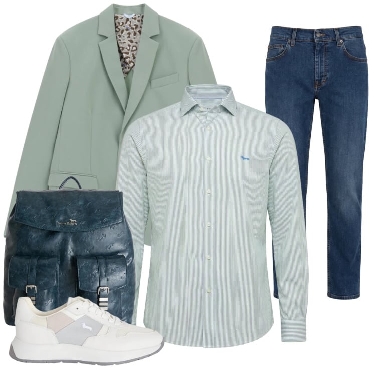 Outfit uomo - Eleganza Casual in Verde Salvia. Stile Trendy per Tutti i giorni. Abbinamento con jeans, sneakers, borse sportive, camicie, giacche.