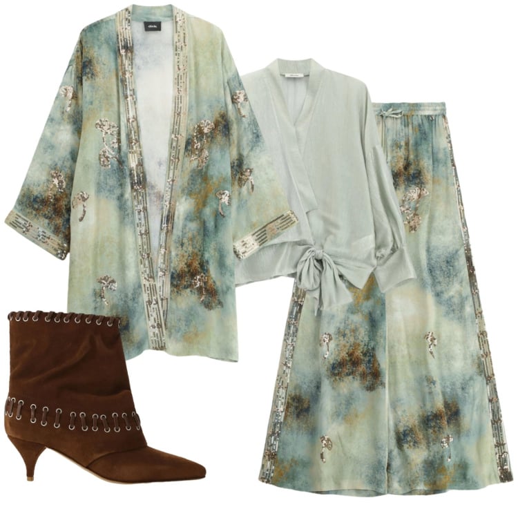 Outfit donna - Arabesque. Stile Chic per Tutti i giorni. Abbinamento con pantaloni a palazzo, blazer, stivali, bluse.