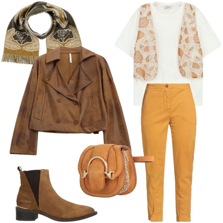 Outfit donna - Total look #2368761. Stile Urban per Tutti i giorni. Abbinamento con marsupi, jeans slim fit, sciarpe, stivaletti texani, giacche, t-shirt.