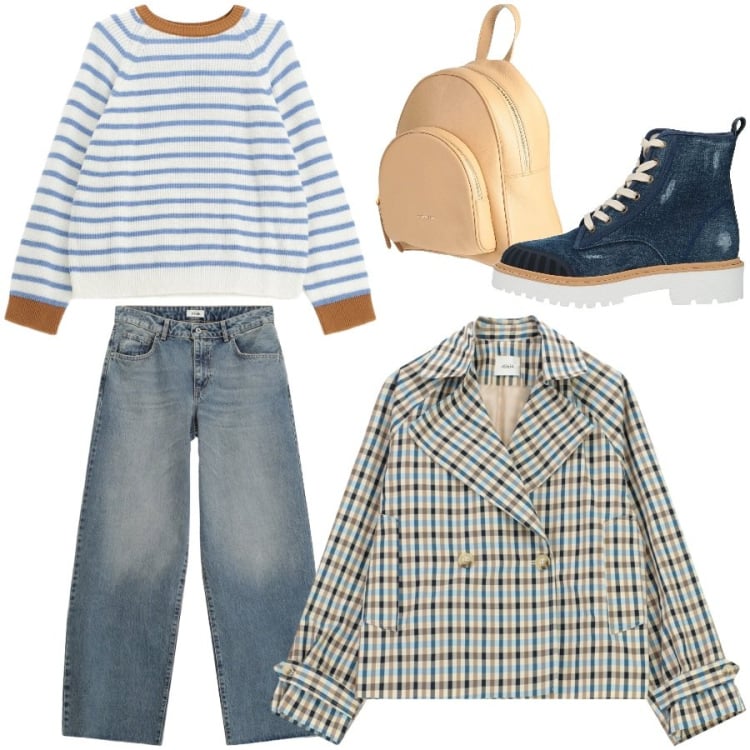 Outfit donna - Total look #2368764. Stile Casual chic per Scuola/Università. Abbinamento con stivaletti, zaini, jeans, giacche, maglieria.