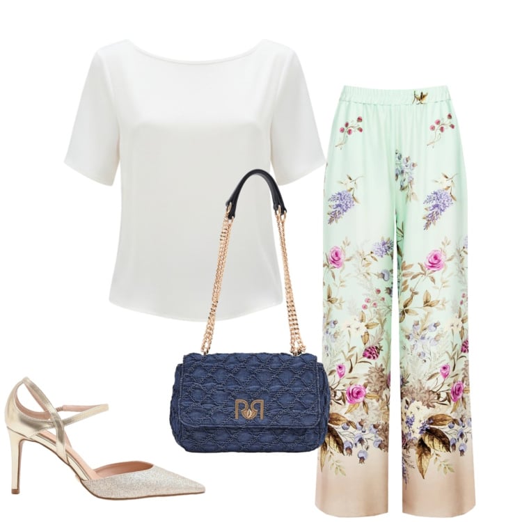 Outfit donna - Floral Dream. Stile Romantica per Cerimonia. Abbinamento con décolleté, pantaloni a palazzo, borse a spalla, bluse.