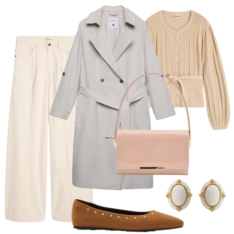 Outfit donna - Il ritorno delle ballerine. Stile Bon Ton per Tutti i giorni. Abbinamento con maglieria, jeans, ballerine, trench, pochette, orecchini.
