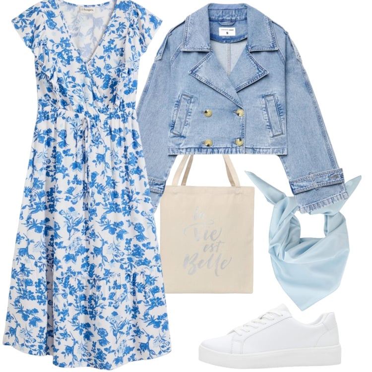 Outfit donna - Fiori di Campo & Denim: Spring Vibes. Stile Romantica per Tutti i giorni. Abbinamento con vestiti midi/longuette, sneakers, borse tote, caban, foulard.