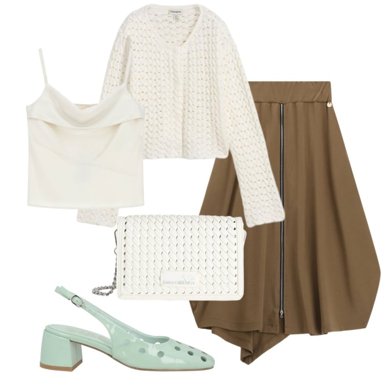 Outfit donna - Romantico primaverile. Stile Romantica per Tutti i giorni. Abbinamento con décolleté, cardigans, borse a tracolla, gonne longuette, canottiere.