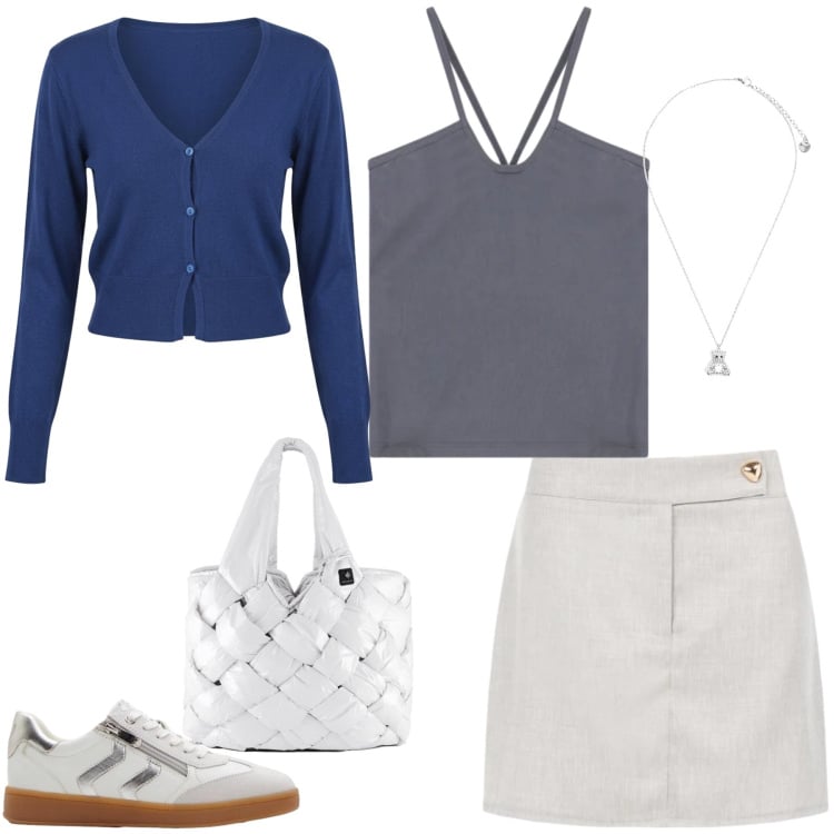 Outfit donna - Comfort Chic e Sofisticato. Stile Casual chic per Tutti i giorni. Abbinamento con sneakers, minigonne, cardigans, top, borse tote, ciondoli.